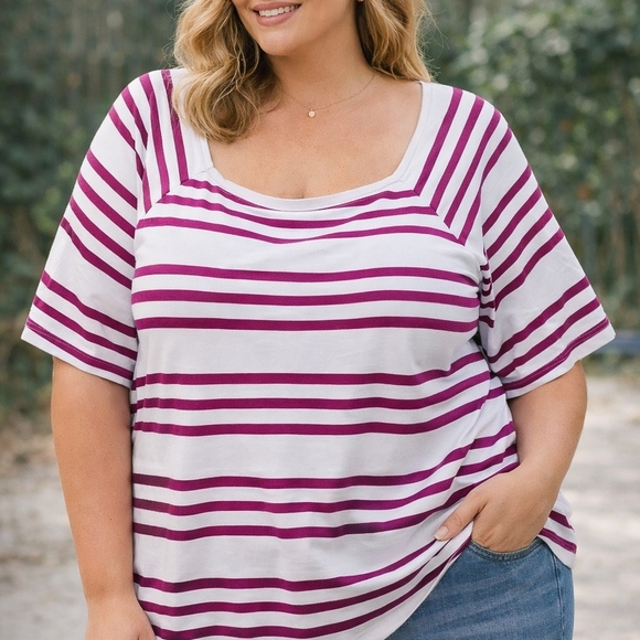 Talbots Tops - Talbots Magenta and White Striped Short Sleeve Top Size 2x Smooth Sleek‎ Stretch